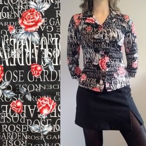 Y2K Vintage Metallic Rose Print ¾ Sleeve Button Up Top Small